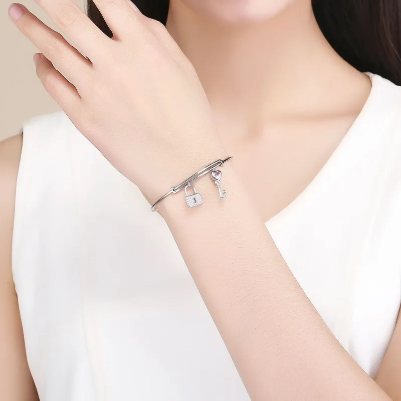 (image for) Pandora Style Silver Love Lock Charm Bangle - SCB127 - View 5
