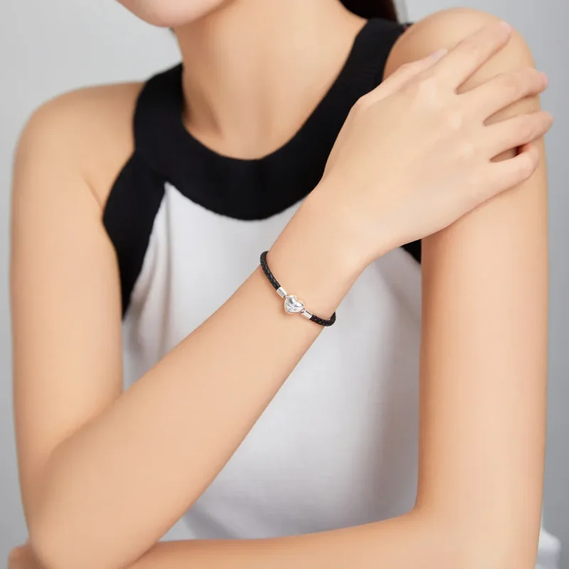 (image for) Pandora Style Silver Christening Cross Leather bracelet - SCB205 - View 5