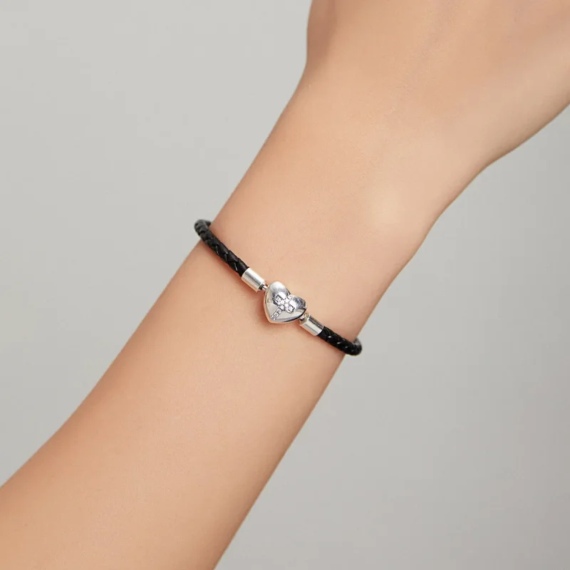(image for) Pandora Style Silver Christening Cross Leather bracelet - SCB205 - View 7