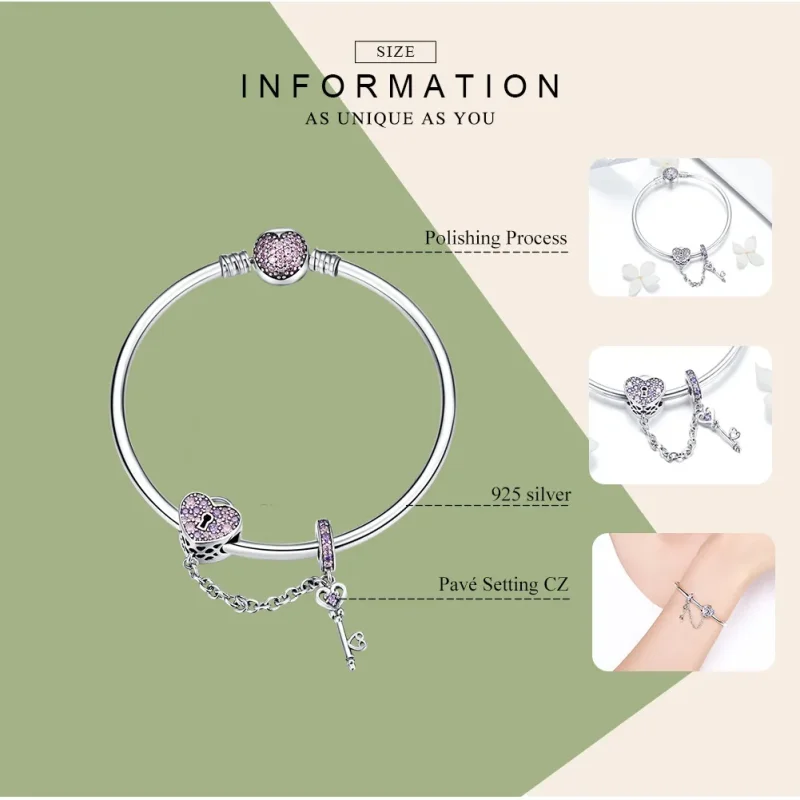 (image for) Pandora Style Silver Pink Key and Pave Heart Lock Bangle - SCB820 - View 3