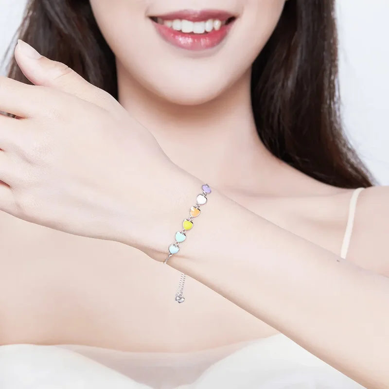 (image for) Pandora Style Silver Rainbow Hearts Chain Slider Bracelet - SCB158 - View 2
