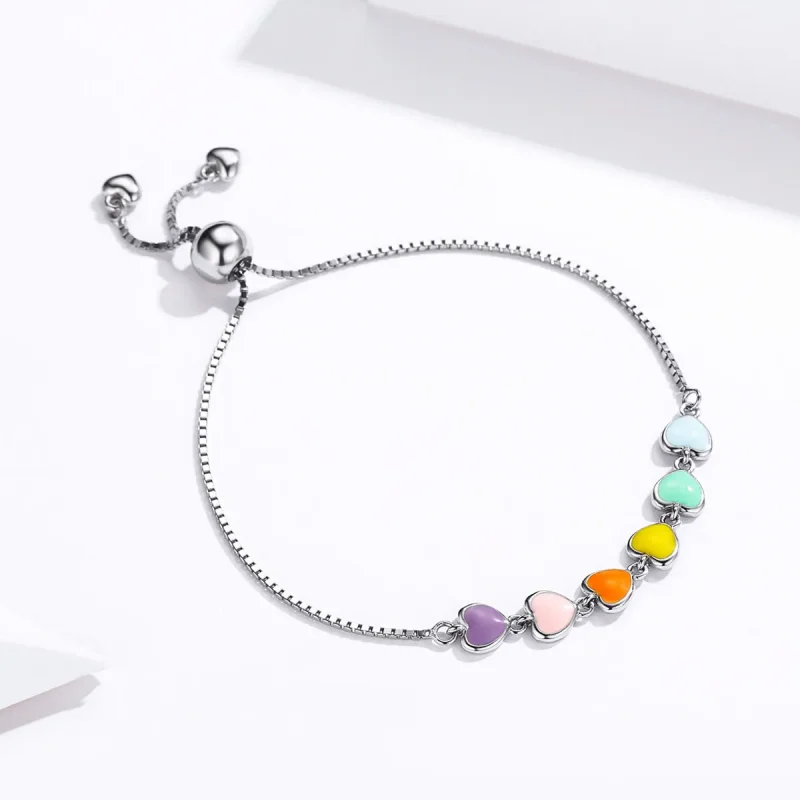 (image for) Pandora Style Silver Rainbow Hearts Chain Slider Bracelet - SCB158 - View 3