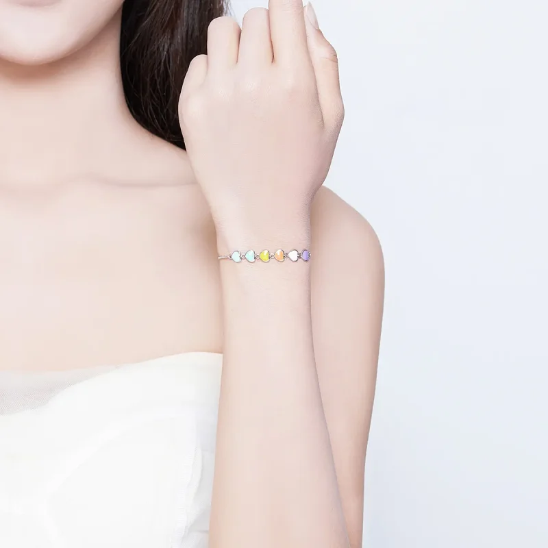 (image for) Pandora Style Silver Rainbow Hearts Chain Slider Bracelet - SCB158 - View 5