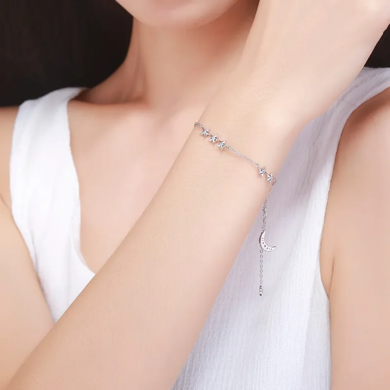 (image for) Pandora Style Silver Whisper of Star and Moon Slider Bracelet - SCB007 - View 2