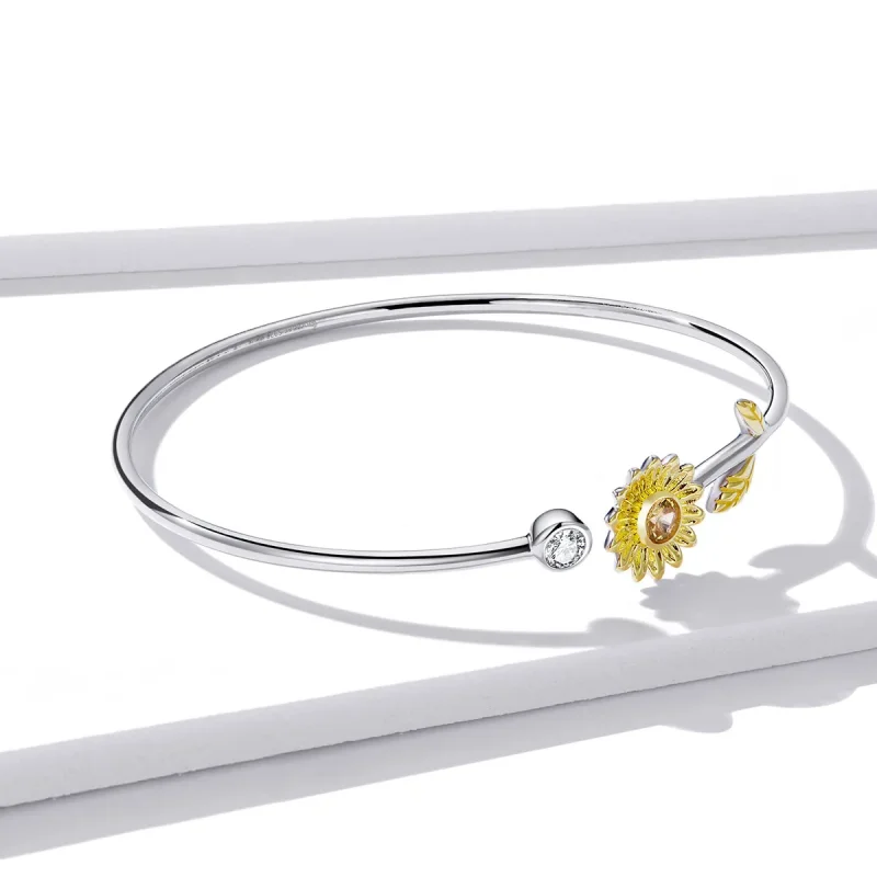 (image for) Pandora Style Two Tone Bicolor Fresh Daisy Open Bangle - BSB045 - View 4