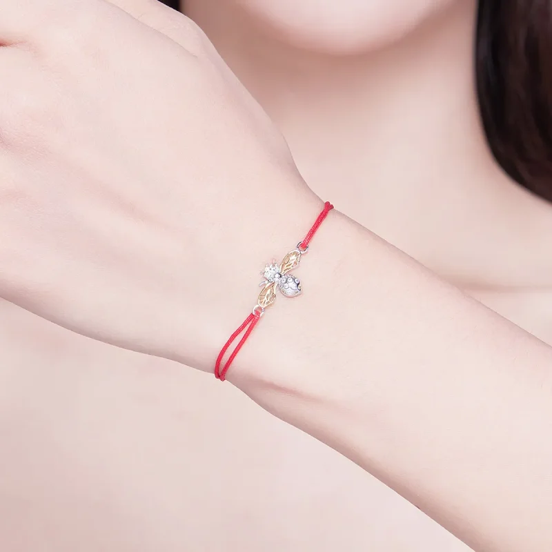 (image for) Red Rope with Silver & Gold-Plated Bee Bracelet - SCB156 - View 2