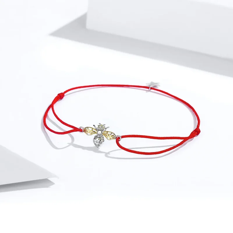 (image for) Red Rope with Silver & Gold-Plated Bee Bracelet - SCB156 - View 3