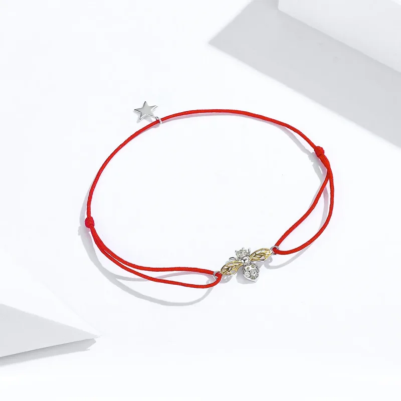 (image for) Red Rope with Silver & Gold-Plated Bee Bracelet - SCB156 - View 4