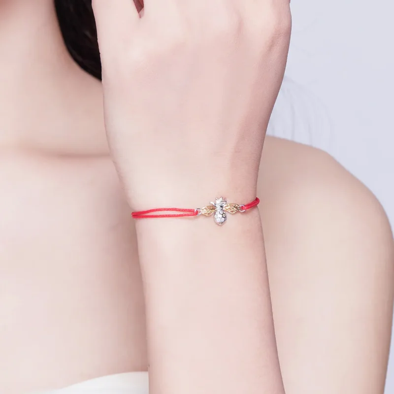 (image for) Red Rope with Silver & Gold-Plated Bee Bracelet - SCB156 - View 5
