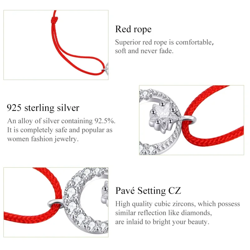 (image for) Red Rope with Silver Star In Moonlight E Clasp Bracelet - SCB177 - View 6