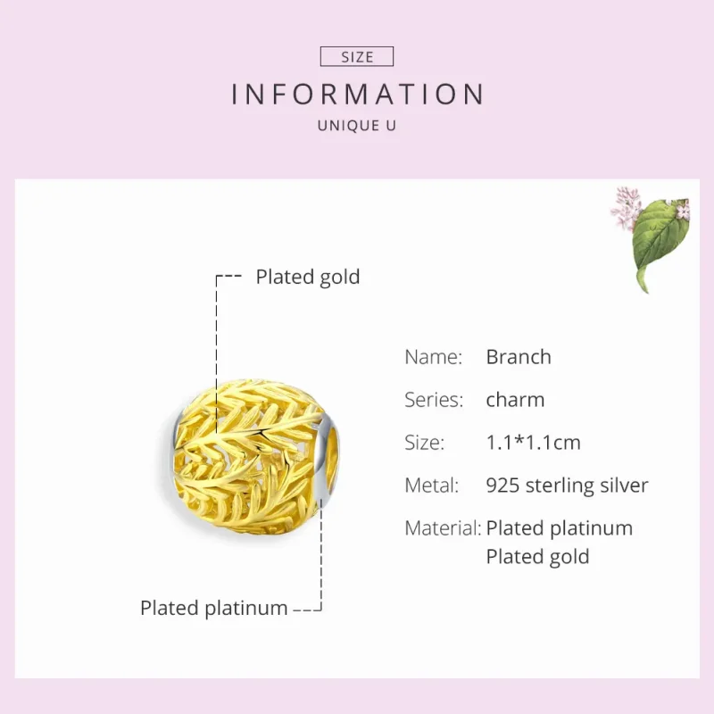 (image for) Pandora Style 18ct Gold Plated branches and leaves Charm - SCC1332 - View 7