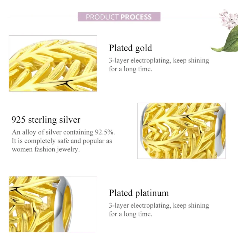 (image for) Pandora Style 18ct Gold Plated branches and leaves Charm - SCC1332 - View 8