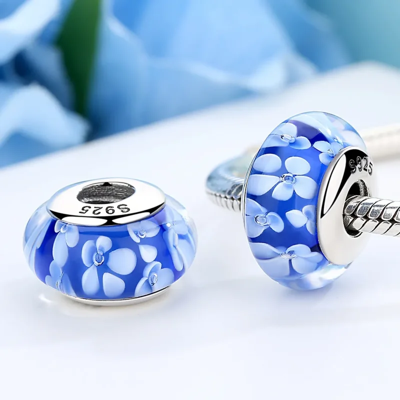 (image for) Pandora Style Blue Murano Glass White Flowers Charm - SCZ006 - View 4