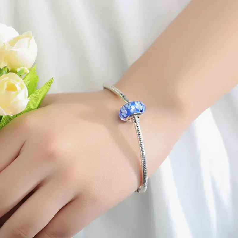 (image for) Pandora Style Blue Murano Glass White Flowers Charm - SCZ006 - View 6