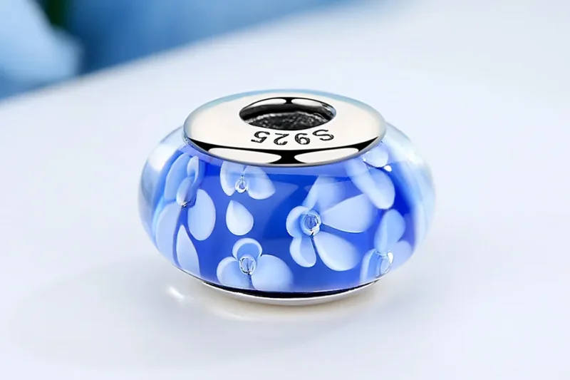 (image for) Pandora Style Blue Murano Glass White Flowers Charm - SCZ006 - View 9
