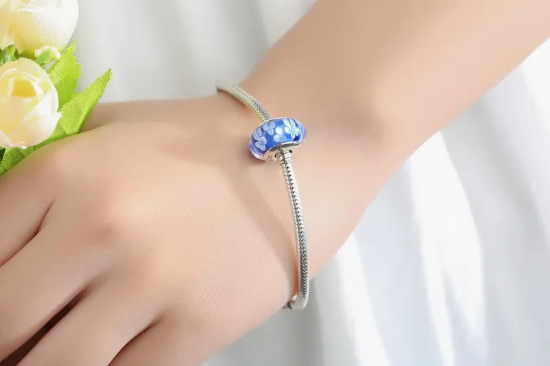 (image for) Pandora Style Blue Murano Glass White Flowers Charm - SCZ006 - View 10