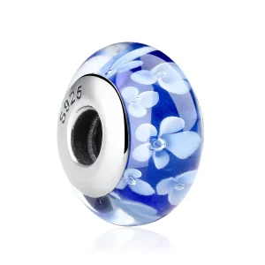 (image for) Pandora Style Blue Murano Glass White Flowers Charm - SCZ006
