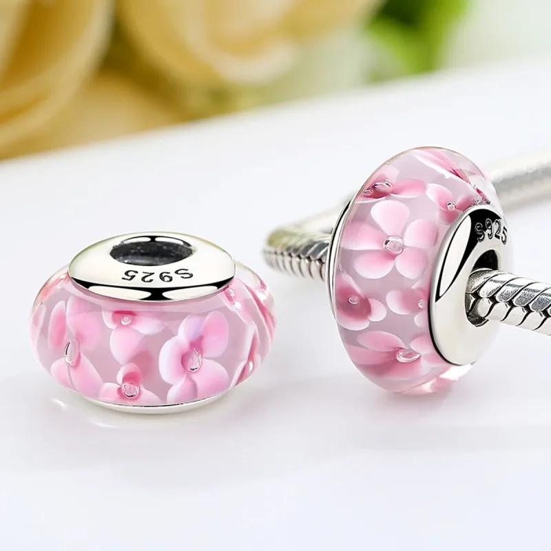 (image for) Pandora Style Pink Flowers Murano Glass Charm - SCZ008 - View 3