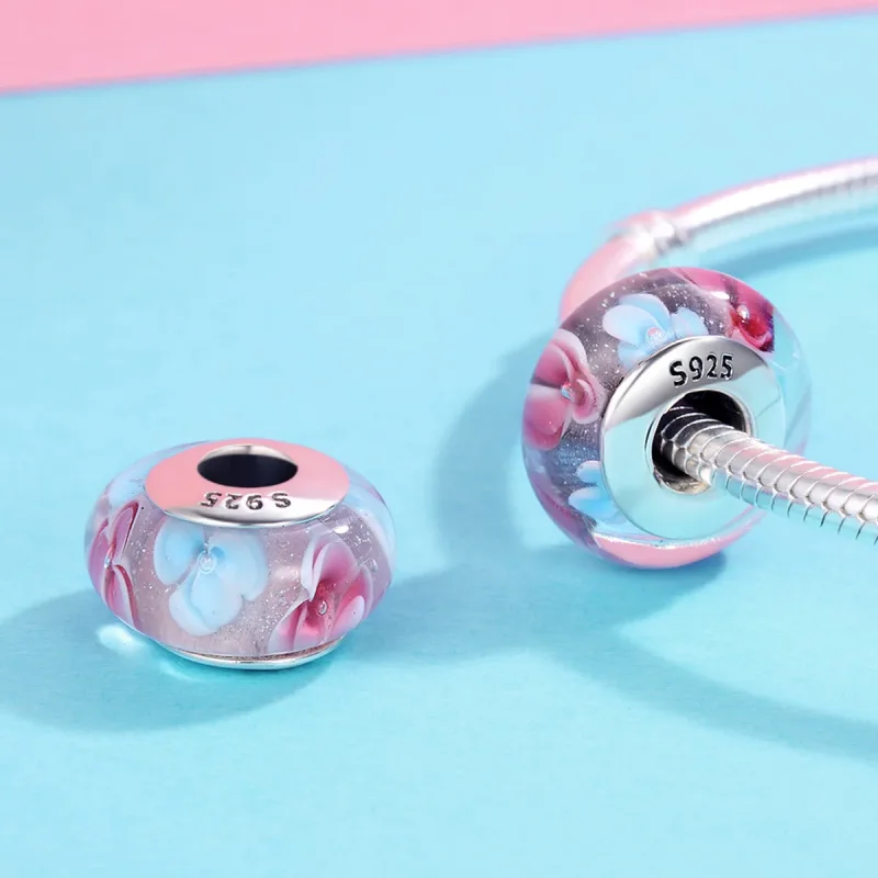 (image for) Pandora Style Pink Flowers Murano Glass Charm - SCZ056 - View 4