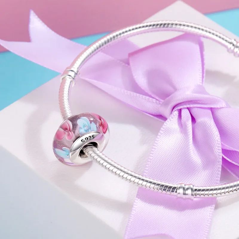 (image for) Pandora Style Pink Flowers Murano Glass Charm - SCZ056 - View 5