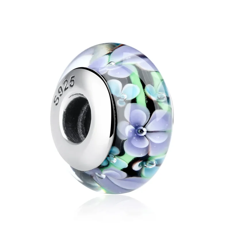 (image for) Pandora Style Purple Flowers Murano Glass Charm - SCZ009 - View 2