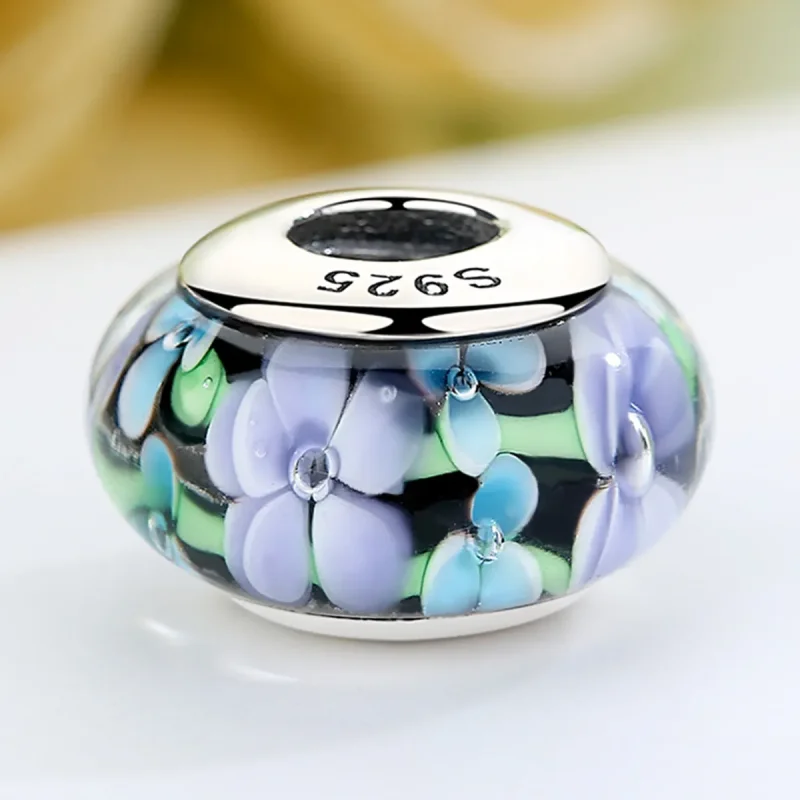 (image for) Pandora Style Purple Flowers Murano Glass Charm - SCZ009 - View 4