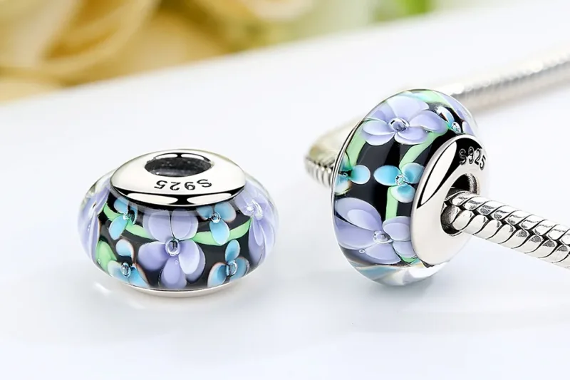 (image for) Pandora Style Purple Flowers Murano Glass Charm - SCZ009 - View 7
