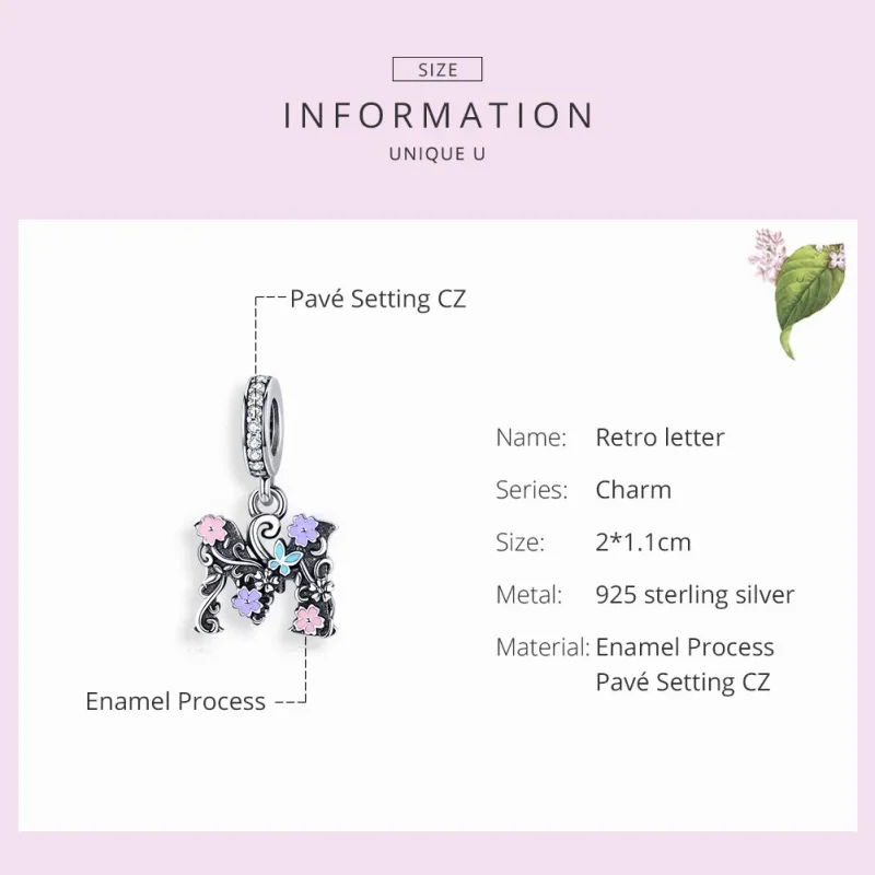 (image for) Pandora Style Silver Flower Letter M Dangle - SCC1274 - View 3
