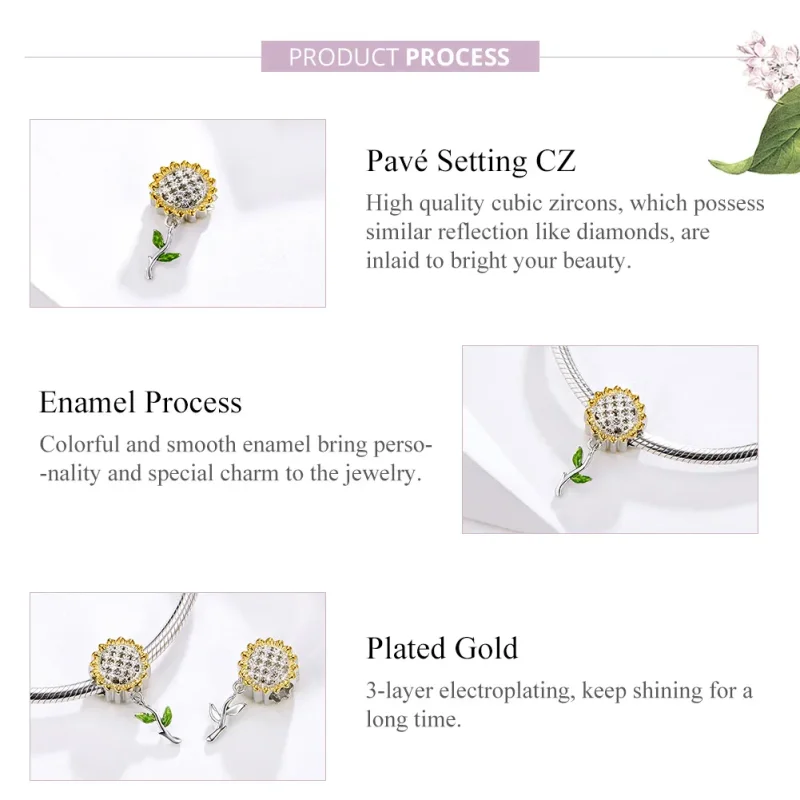 (image for) Pandora Style Silver & Gold-Plated Sunflower Dangle - SCC1211 - View 4