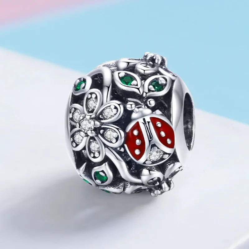 (image for) Pandora Style Silver Ladybugs And Flowers Charm - SCC926 - View 2