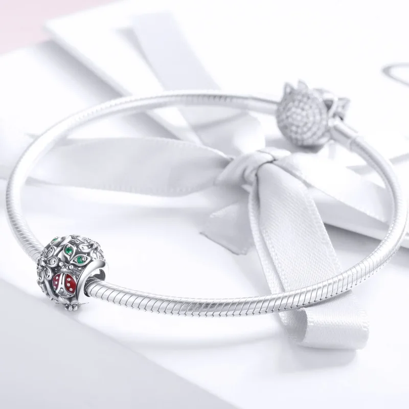 (image for) Pandora Style Silver Ladybugs And Flowers Charm - SCC926 - View 3