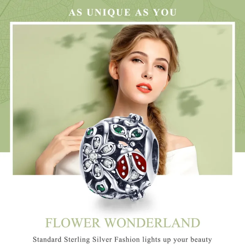 (image for) Pandora Style Silver Ladybugs And Flowers Charm - SCC926 - View 6