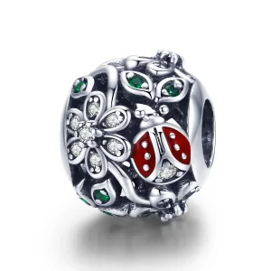 (image for) Pandora Style Silver Ladybugs And Flowers Charm - SCC926