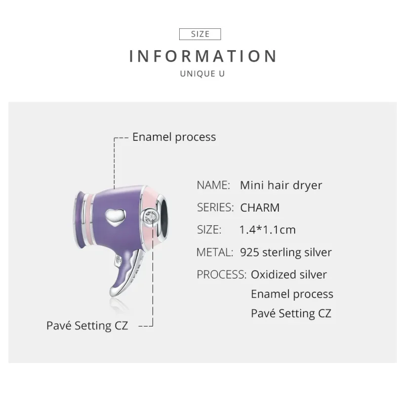 (image for) Pandora Style Silver Mini Hair Dryer Charm - SCC1865 - View 7