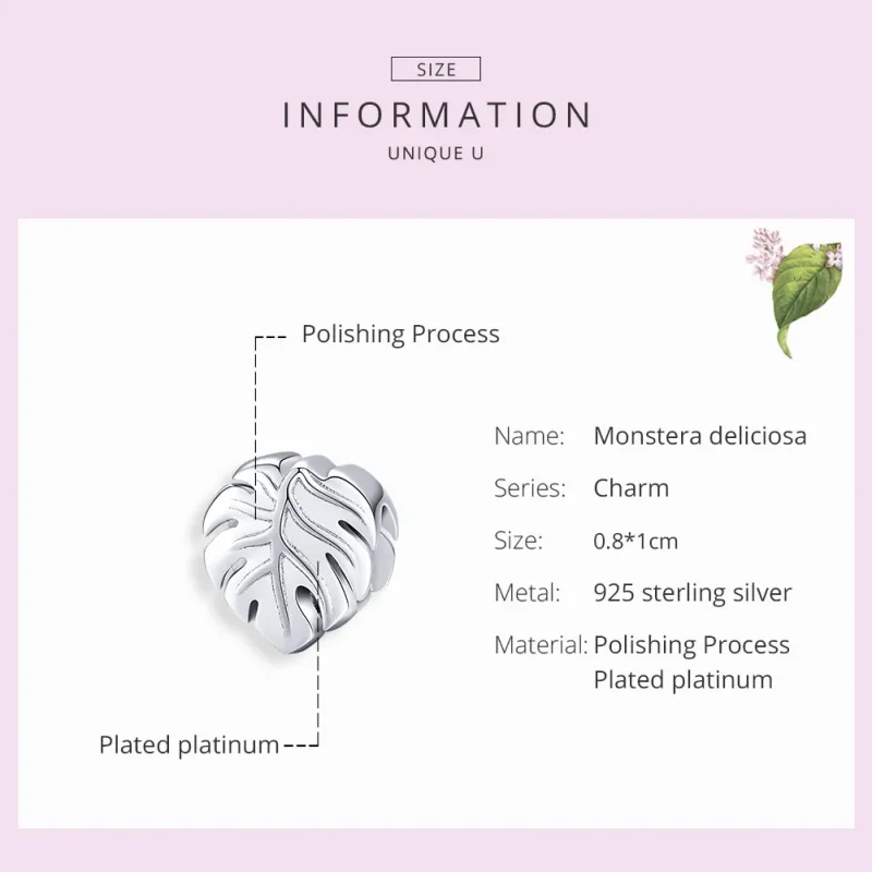 (image for) Pandora Style Silver Monstera Charm - BSC141 - View 7