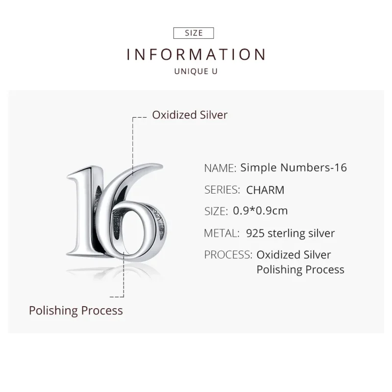 (image for) Pandora Style Silver Number 16 Charm - SCC1624 - View 8