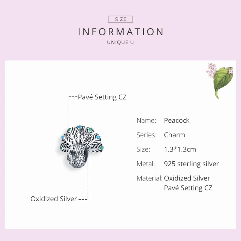 (image for) Pandora Style Silver Peacock Charm - SCC1260 - View 3