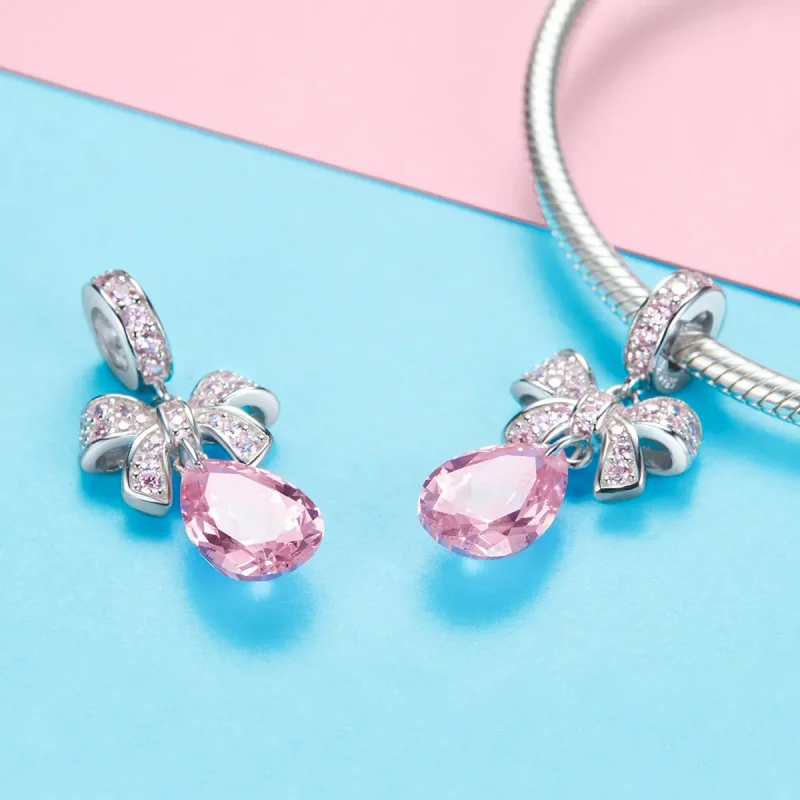 (image for) Pandora Style Silver Pink Bow Dangle Charm - SCC1074 - View 3