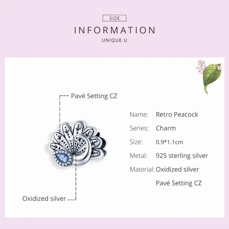 (image for) Pandora Style Silver Retro Peacock Charm - SCC1558 - View 7