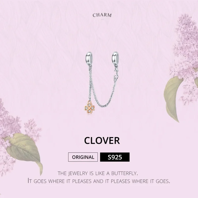 (image for) Pandora Style Silver & Rose Gold Clover Safety Chain - SCC1261 - View 2