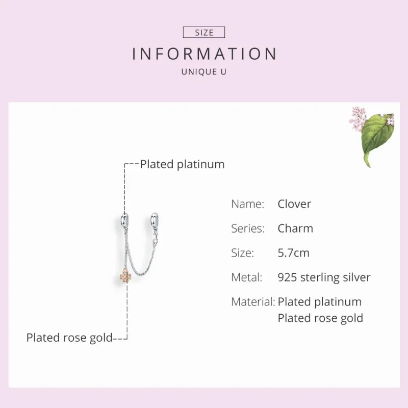 (image for) Pandora Style Silver & Rose Gold Clover Safety Chain - SCC1261 - View 3