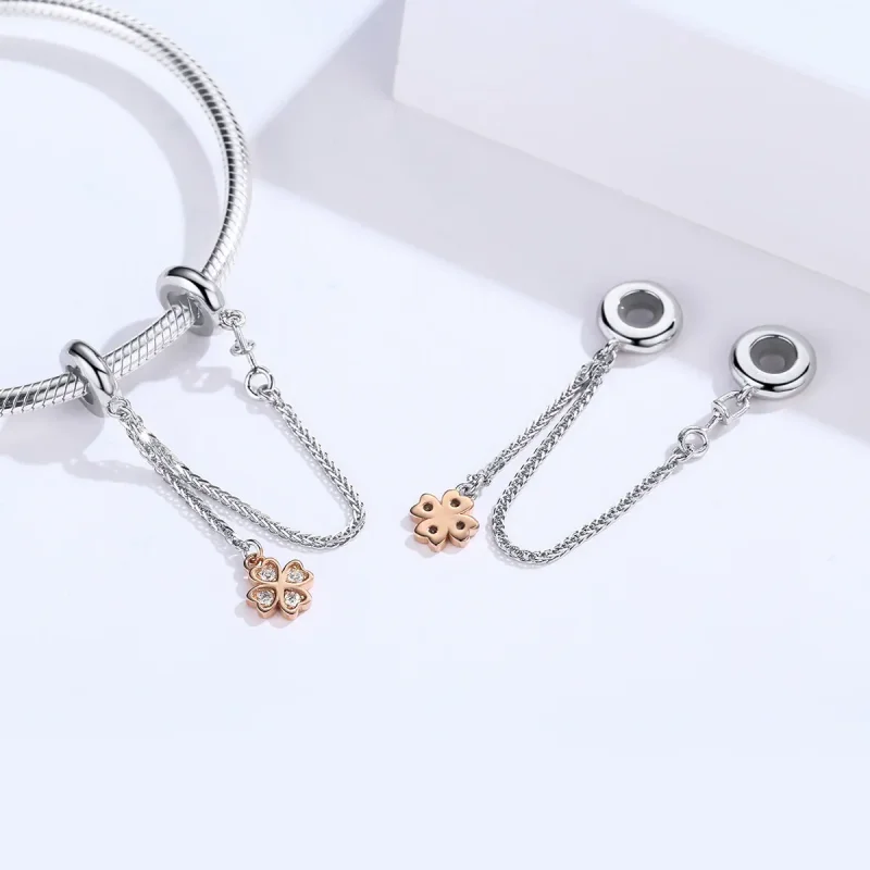 (image for) Pandora Style Silver & Rose Gold Clover Safety Chain - SCC1261 - View 4
