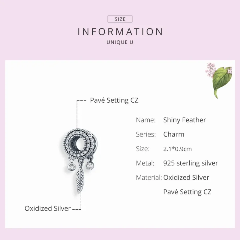 (image for) Pandora Style Silver Shiny Feather Charm - SCC1550 - View 7