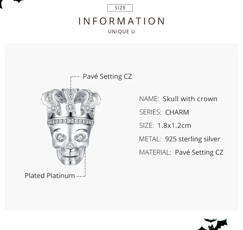 (image for) Pandora Style Silver Skull With Crown Charm - SCC1361 - View 7