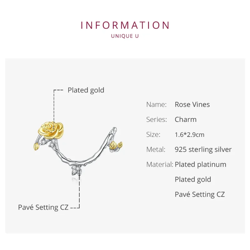(image for) Pandora Style Two Tone Bicolor Rose Vines Charm - BSC322 - View 6