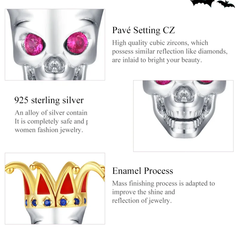 (image for) Pandora Style Two Tone Bicolor Skull of Clown Charm - SCC1363 - View 6