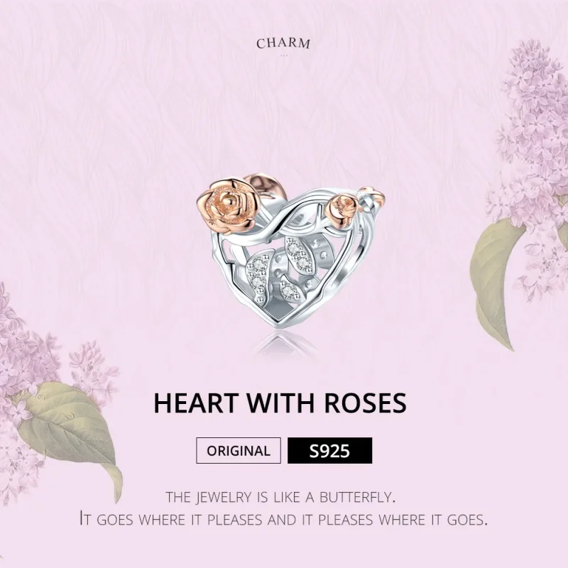 (image for) Pandora Style Two Tone Heart With Roses Charm - BSC280 - View 6