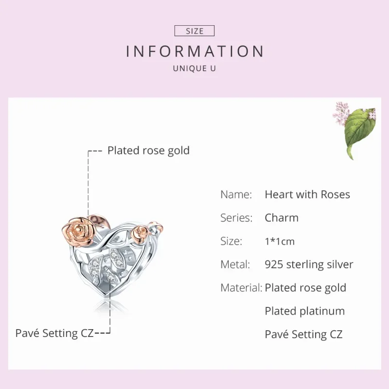 (image for) Pandora Style Two Tone Heart With Roses Charm - BSC280 - View 7