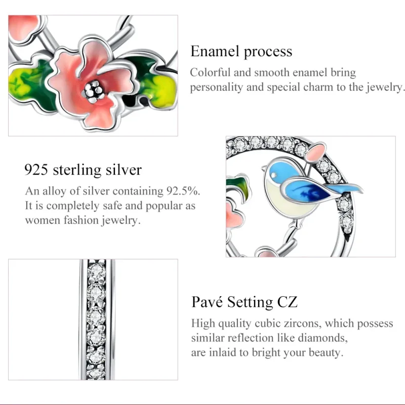 (image for) Pandora Style Silver Birds & Flowers Dangle - SCC1726 - View 7
