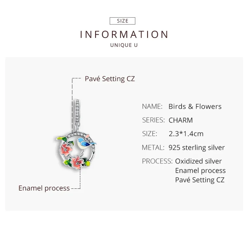 (image for) Pandora Style Silver Birds & Flowers Dangle - SCC1726 - View 8